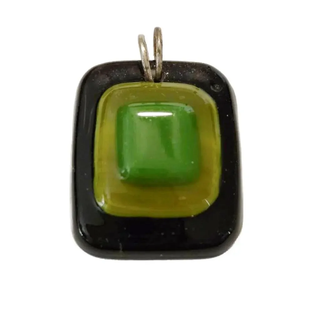 Vintage Black and Green Fused Glass Pendant, 1.25